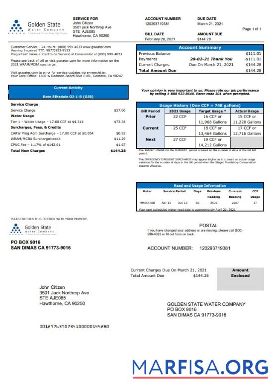 Downloadable USA California Golden State Water Company utility bill template in .doc and .pdf format
